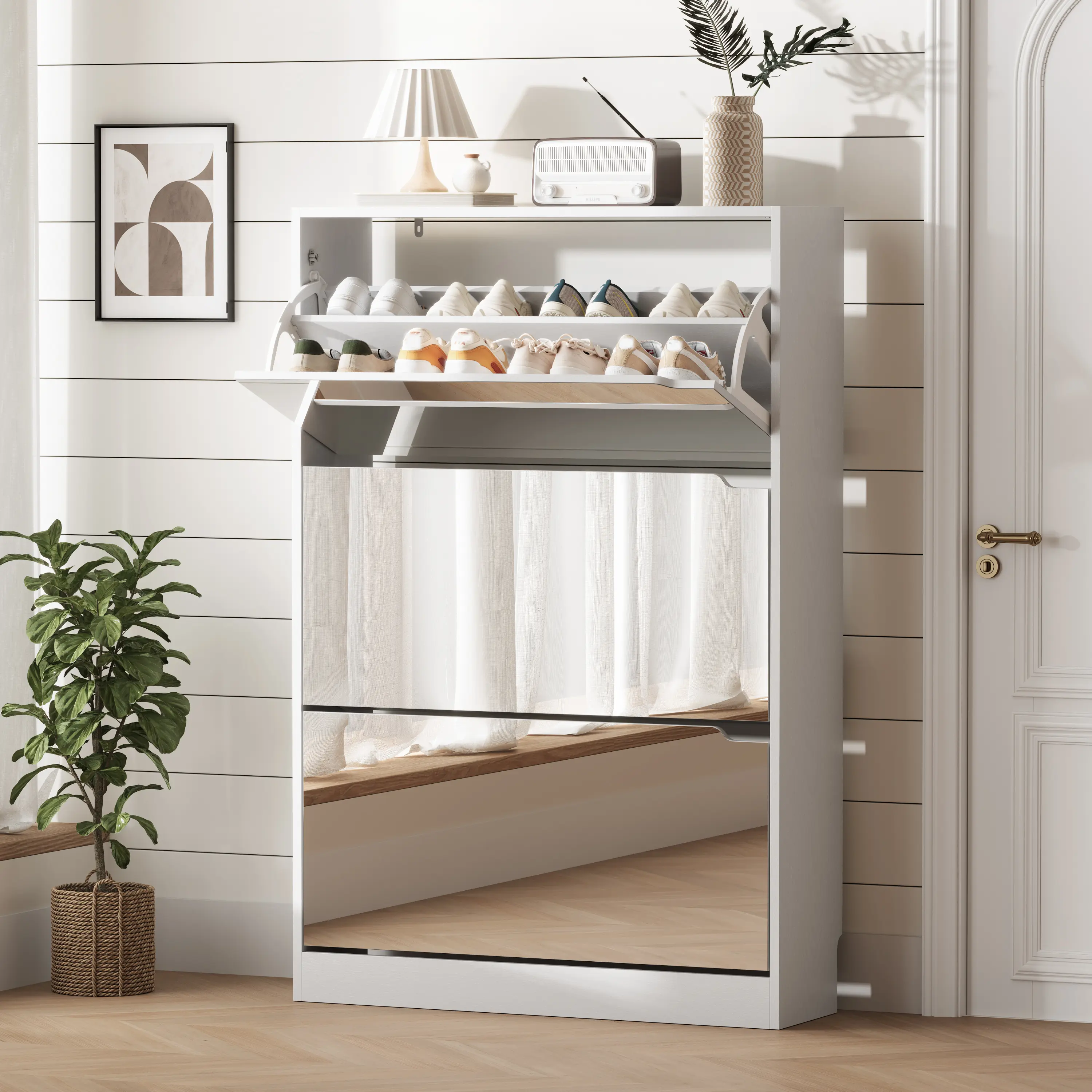 Shoe Cabinet with 3-Flip Mirror Drawers, Freestanding Shoe Rack Organizer with Hidden Handle, Slim Narrow Shoe Storage Cabinet for Entryway, Entrance, Hallway, Bedroom