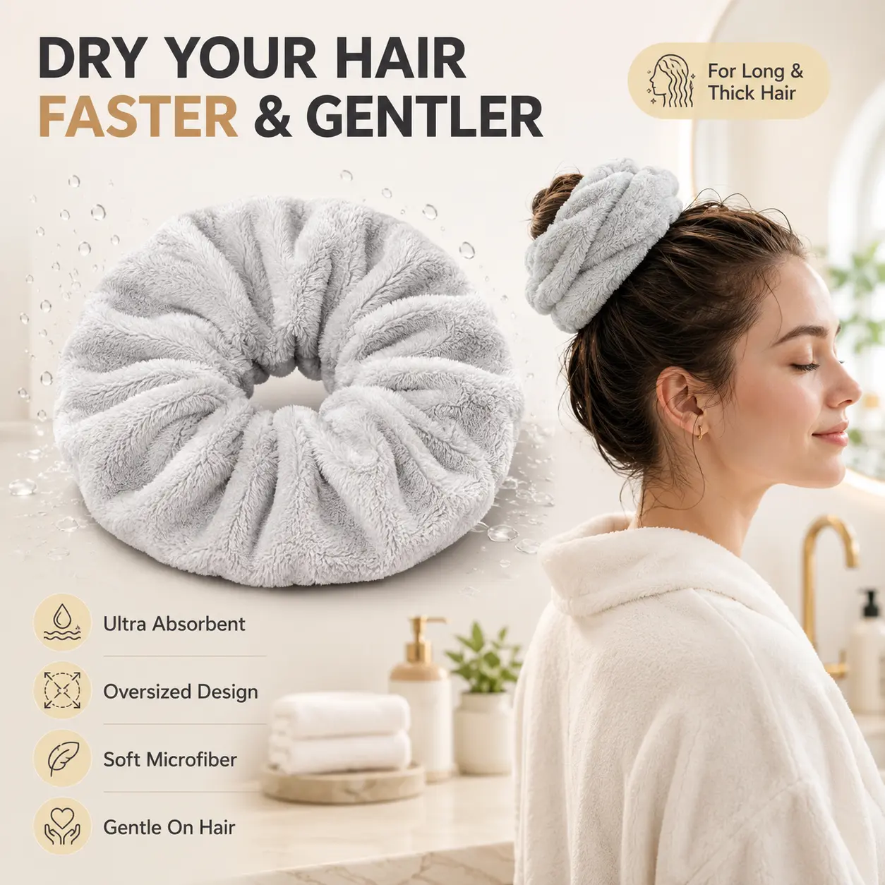 Extra-Large Plush Scrunchie & Ultra-Absorbent Quick-Drying Towel, Soft Accessory for Long Thick Dry Locks