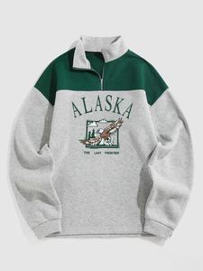 men's patchwork letter & eagle print quarter zip sweatshirt, fall clothes, casual regular fit long sleeve stand collar pullover for fall, y2k clothing, men's clothing, menswear