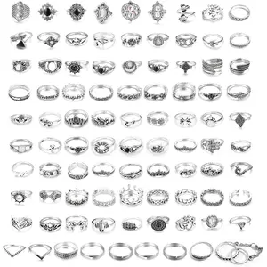 FINREZIO 90 Pcs Silvery Vintage Stackable Rings Set for Women Men Bohemian Retro Knuckle Rings with Floral Geometric Snake Moon Designs Hypoallergenic Alloy Midi Rings for Daily Wear Parties Punk Style Gift Giving
