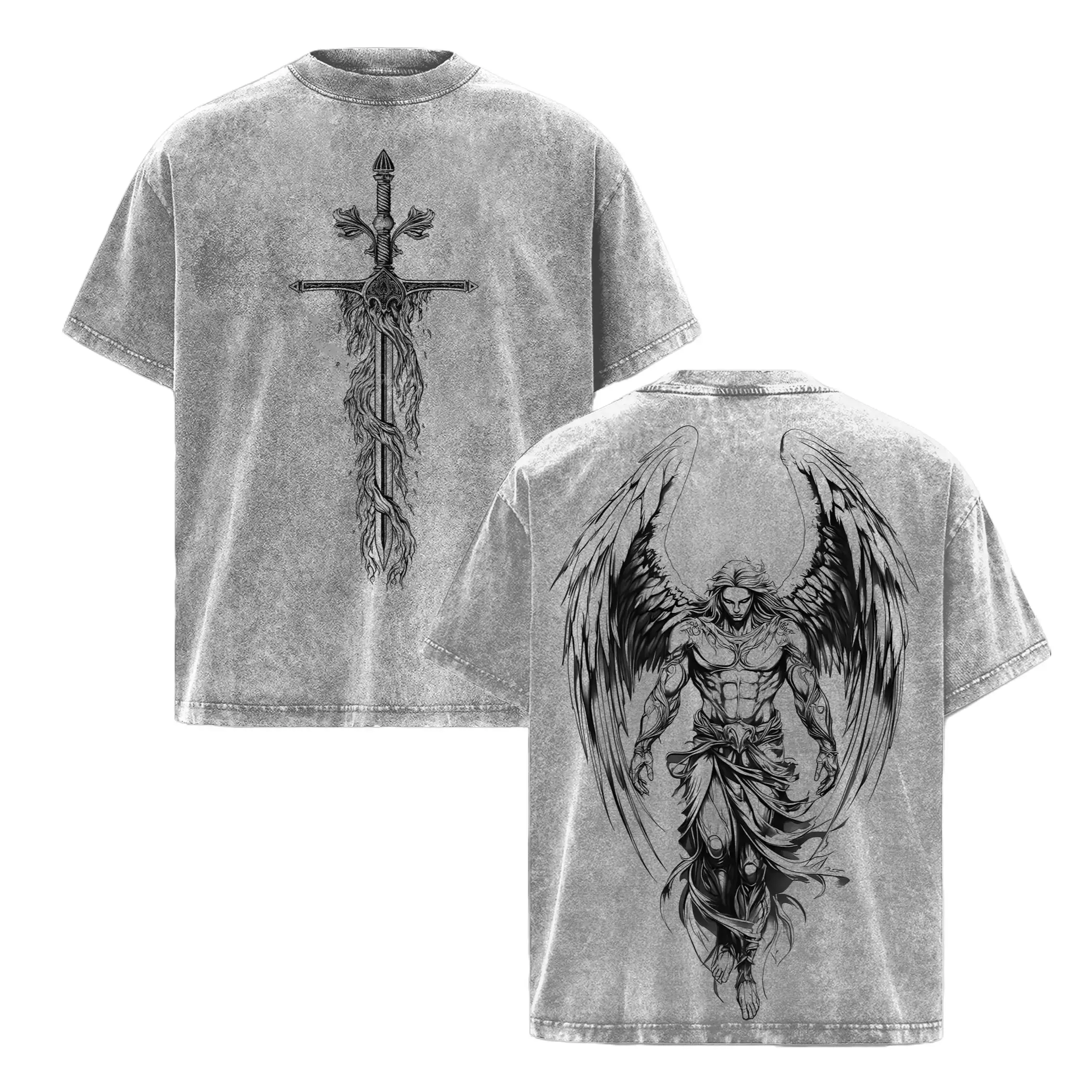 Saint Michael Archangel T-Shirt, Unisex Acid Wash Cotton Graphic Tee with Flaming Sword, Vintage Style Christian Religious Merch, Plaid, Classic, Basic, Shortsleeve, Festive, Tshirt, Casual