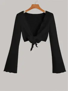 Women's Solid Color Tie Shoulder Open Front Cardigan, Casual Long Sleeve Crop Cardigan for Summer, Fashion Women's Knit Clothing for Daily Wear, Tops