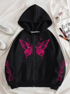 Women's Butterfly & Letter Print Zip Up Fitted Hoodie, Casual Long Sleeve Hooded Sweatshirt for Fall & Winter, Women's Clothes for Daily Wear, Tops, Womenswear, Casual Hoodie Jacket