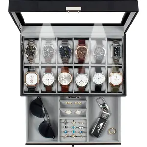 Watch Box 12 Slot Watch Display Organizer Leather  Case Drawer Glass Birthday for Men Women,  Husband Dad GK-012BKGREY-LED-24
