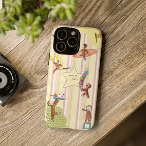Curious georgeee Tough Phone Case, Stripe Pastel Monkey Phone Cover, Cartoon Character, Gift for him for her, Protective Cover