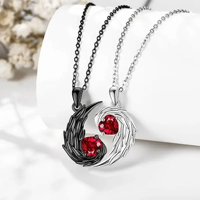 Couple Splicing Red Rhinestone Feather Couple Necklace Heart Angel Devil Pendant Necklaces Valentine's Day Jewelry Gifts