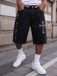 Cross rhinestone decorated black casual street style loose non-stretch denim shorts, summer, Bottom