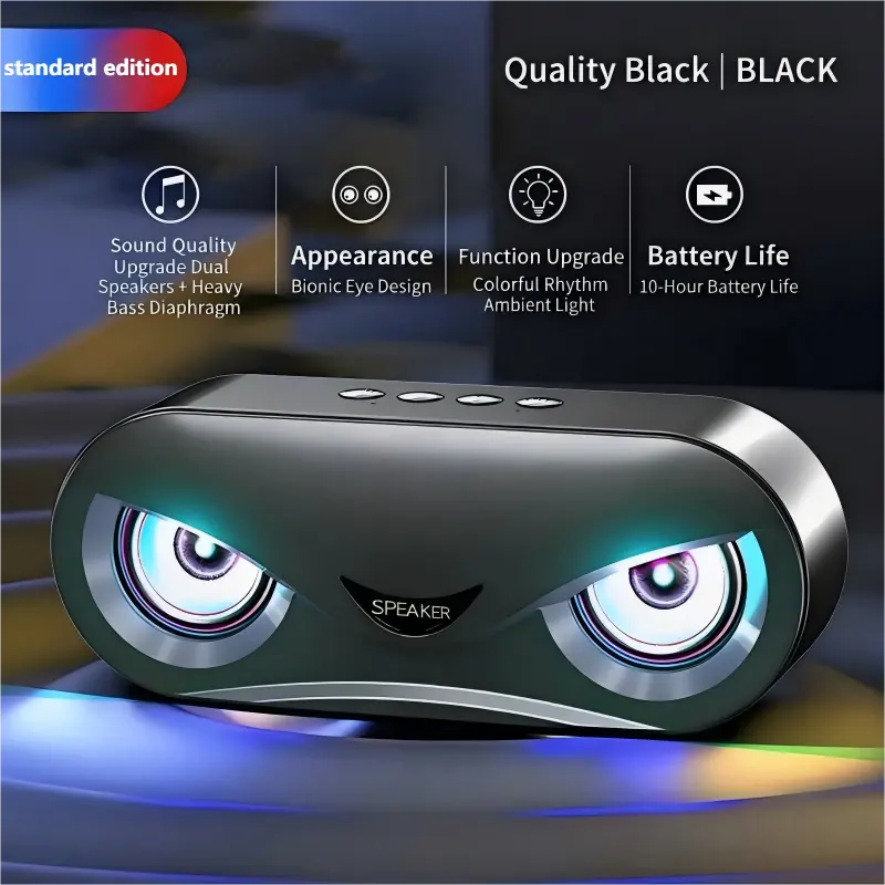 2026 New Bluetooth Speaker, High Volume, Eye-Inspired Design, Multicolor Ambient Lighting, Connect via USB/TF Card/AUX, Long Battery Life, Upgraded Bluetooth 5.0 Dual Speakers (with Subwoofer), Portable Bass Speaker — Black/Silver Gray Indoor Model, Batte