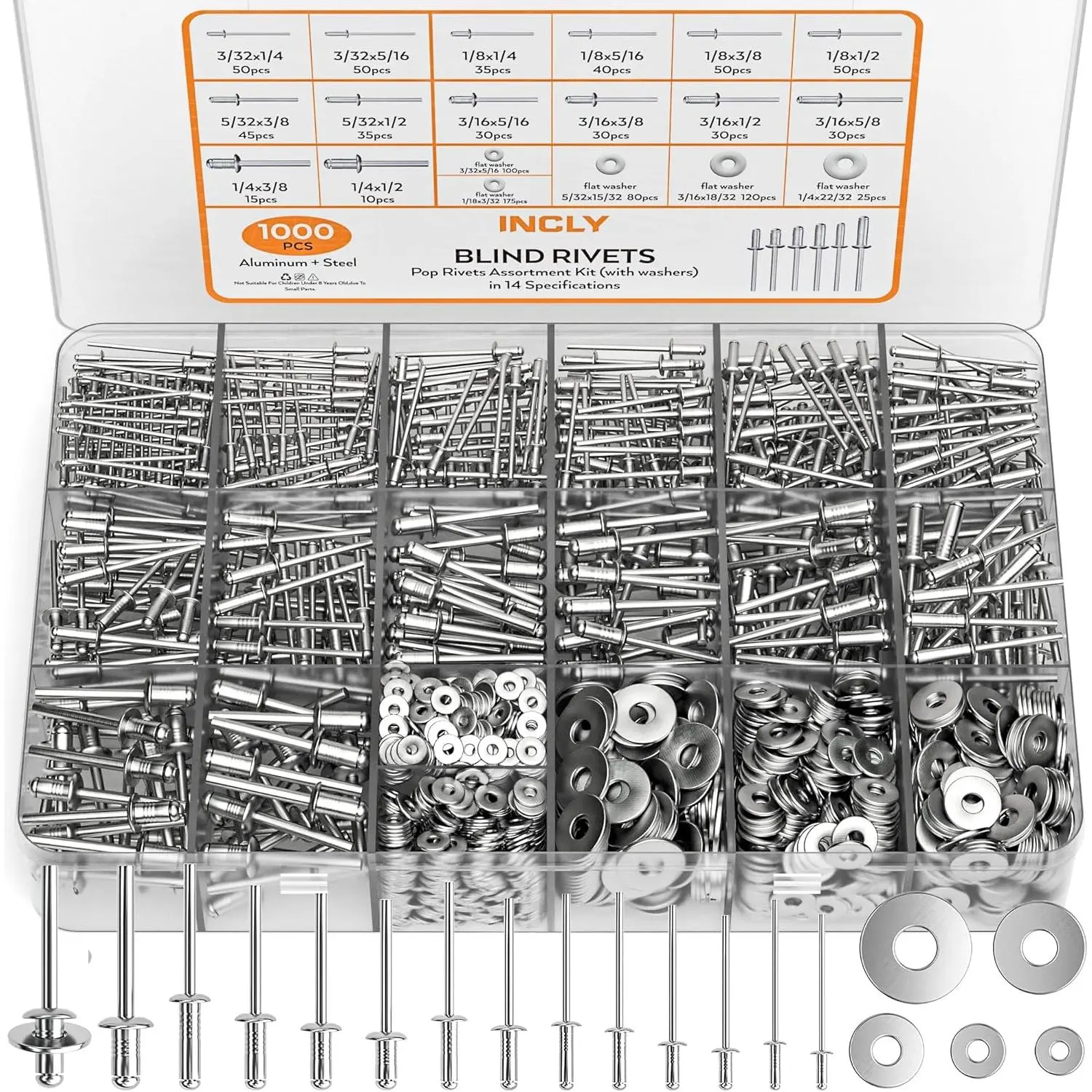 INCLY 1000PCS Aluminum Pop Rivets Assortment Kit, 14 Sizes Pop Rivets (3/32" 1/8" 5/32" 3/16" 1/4") with 5 Size 304 Stainless Steel Backup Washers, Assorted Blind Rivets for Metal with Storage Case