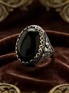 Vintage Men‘s Obsidian Signet Ring, 13x18mm Black Gemstone Set in Antiqued Silver, Masonic Style Bold Jewelry for Him