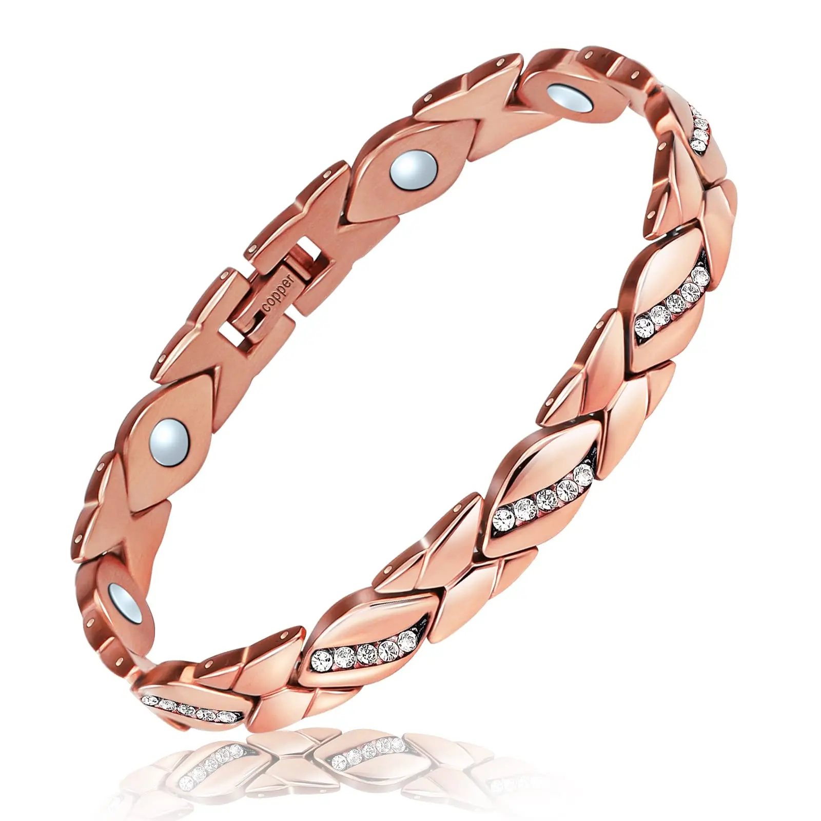 Women's Copper Magnetic Link Bracelet - Adjustable Crystal Rose Gold Minimalist Bangle Jewelry, All Seasons Daily Gift for Mom