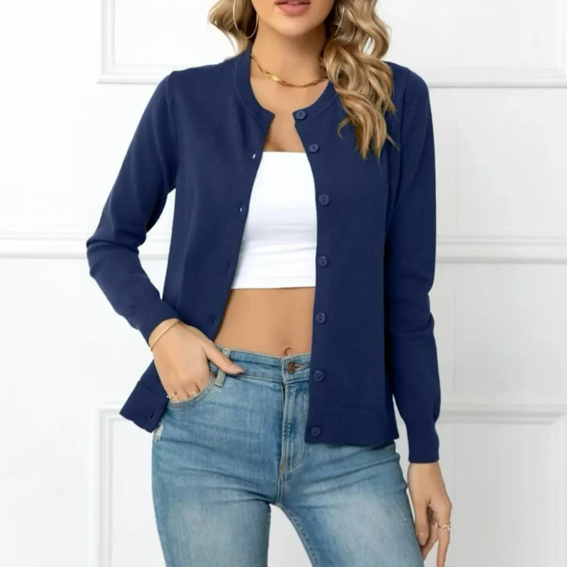 Women's 100% Cotton Lightweight Cardigan Sweater, Long Sleeve Crew Neck Button-Front Casual Top, Regular Fit Medium Stretch Solid Color Knit, Breathable All-Season Layer for Office, Travel & Everyday Outfits
