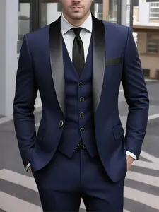 Men'S Suit 3pcs Set, Blazer + Vest + Trousers, Groomsmen Business, Fashionable and Elegant, High Quality Men, Long Sleeve, Formal, Suitable for Wedding, Business, Party, Formal Wear, Menswear
