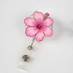 Pink Hibiscus Badge Reel, Floral ID Holder for Nurses, Tropical Retractable Name Tag, Cute Work Badge Clip for Summer Vibes, RN Id Holder