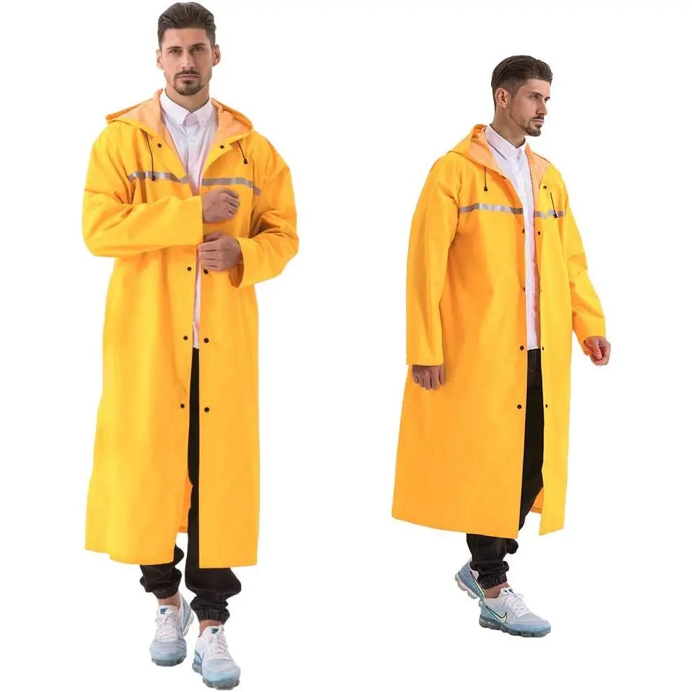 Adults' Lightweight Hooded Waterproof Long Raincoat - High Visibility Reflective, Adjustable Windproof, Water Repellent Rain Protection Coat for Hiking/Light Outdoor Use, High Visibility Reflective Raincoats