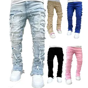 KZZ Street Style Instagram Hit Stretch Patchwork Straight-Leg Jeans in Multiple Colors for Trendy Looks