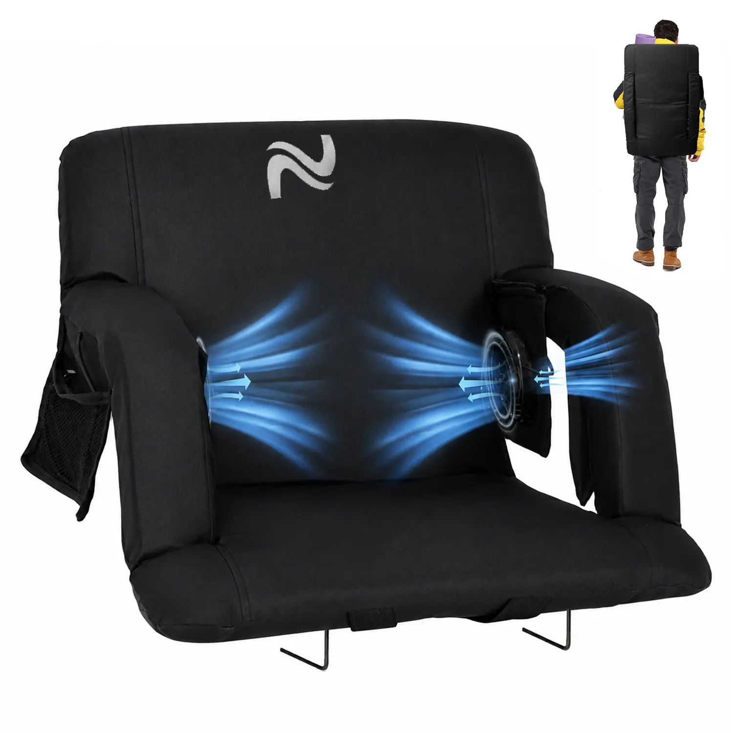 SLSY Stadium Seat with Fans, Cooling Bleacher Seat w/ Back & Arm Support, 3 Cooling Speed,2 Fans ,5 Reclining Positions,for Sports Events Outdoor, Batteries not included