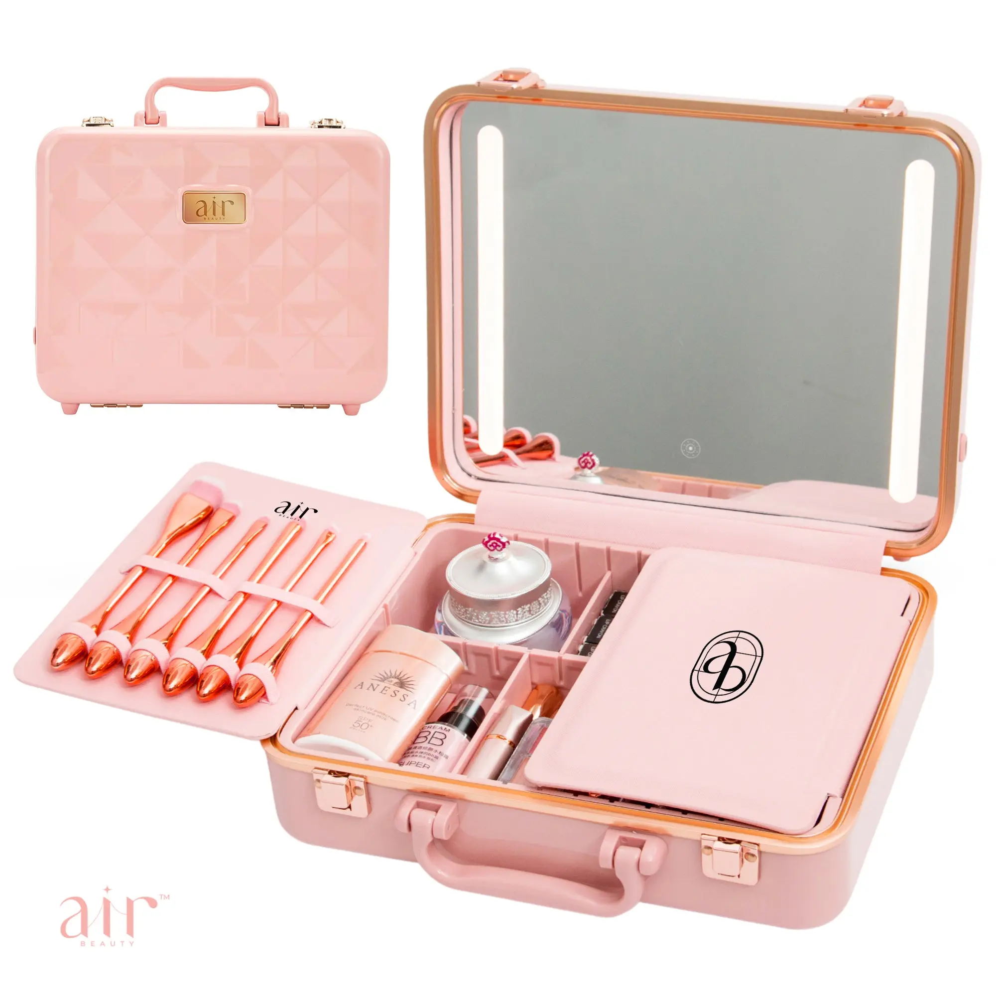 Air Beauty Compact Chic and Charged Vanity Case with LED Mirror & Customizable Compartments for Makeup Travel Friendly Design
