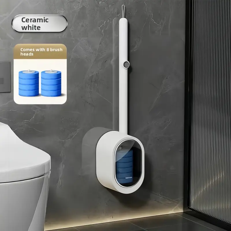 Wall Mount Deep Cleaning Toilet Brush System, Clear White Base Disposable Wand Kit, Home Bathroom Cleaning Supplies with
