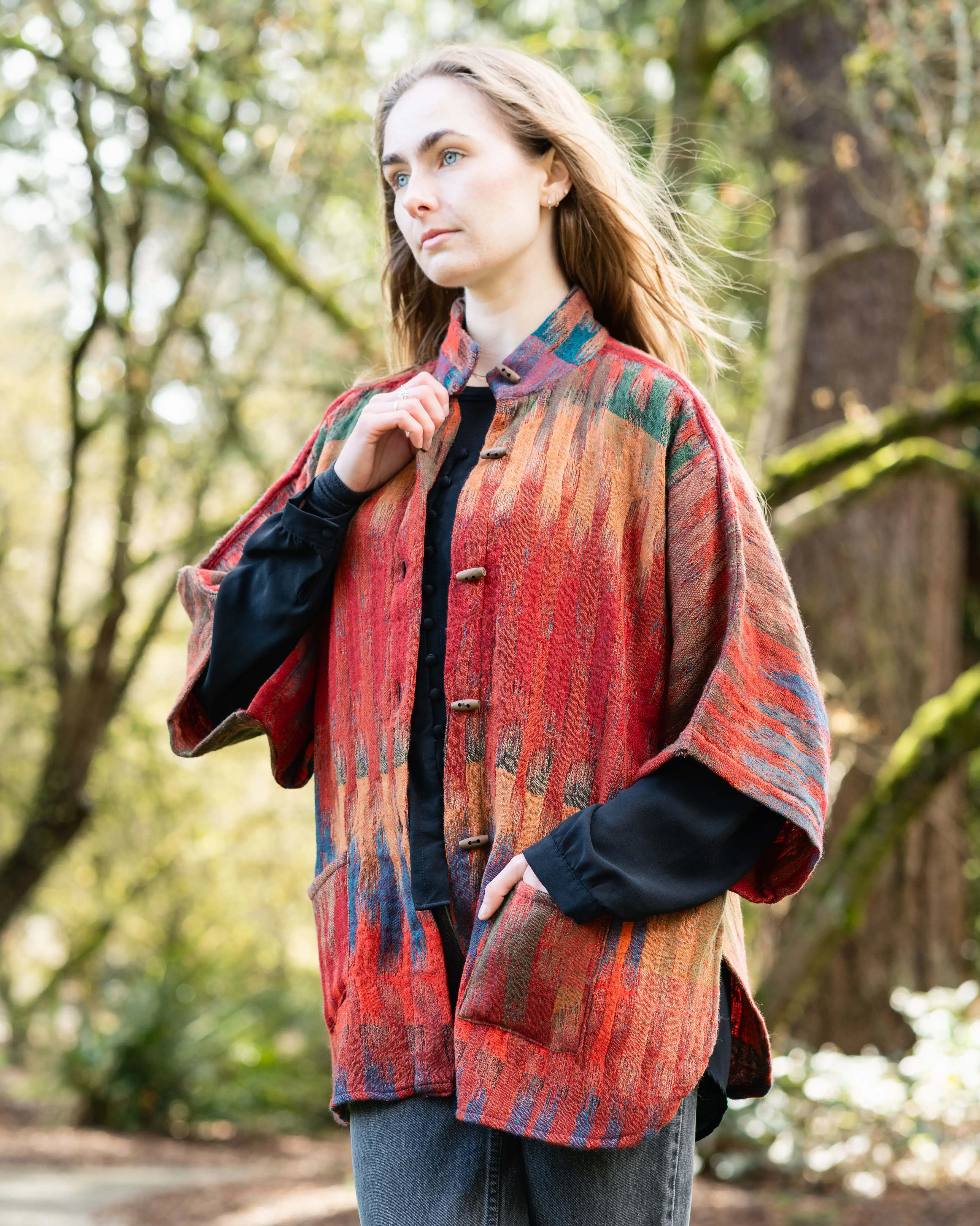 Women's Reversible Linen Kimono Jacket, Morocco Red, Button-Closure Style, Bag-Friendly Fit, Fits, Fabric, Wool, Oversized, Shell, Drape, Comfortable, Pockets, Loose, Bottom, Women's Clothes, Sleeve, Loose Shape, Tailored Neck