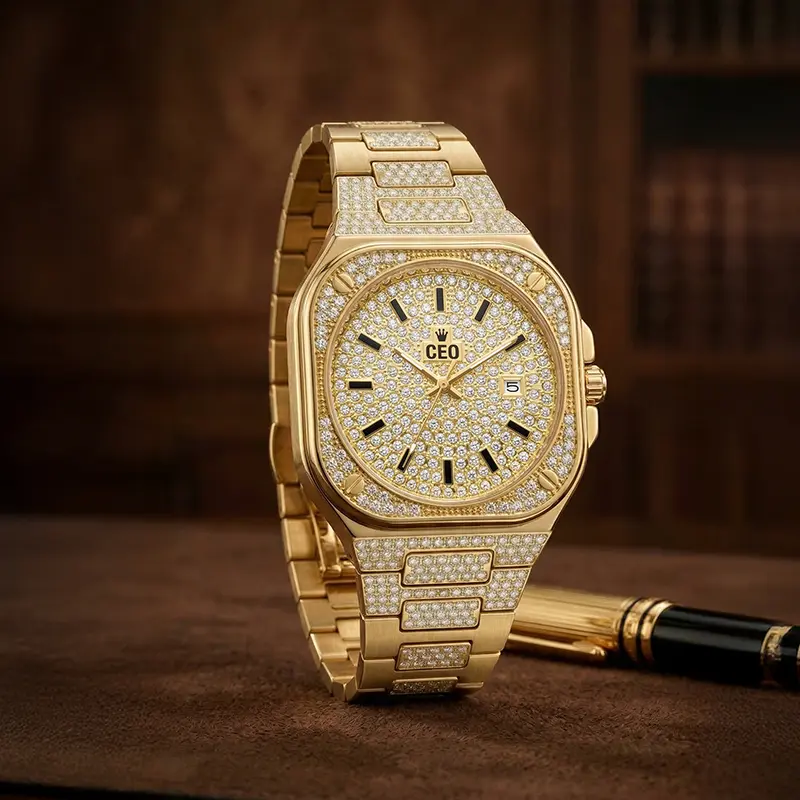 Luxury iced-out gold and silver watch for men and women, diamond bling, fashionable versatile waterproof quartz hip-hop jewelry wristwatch gift