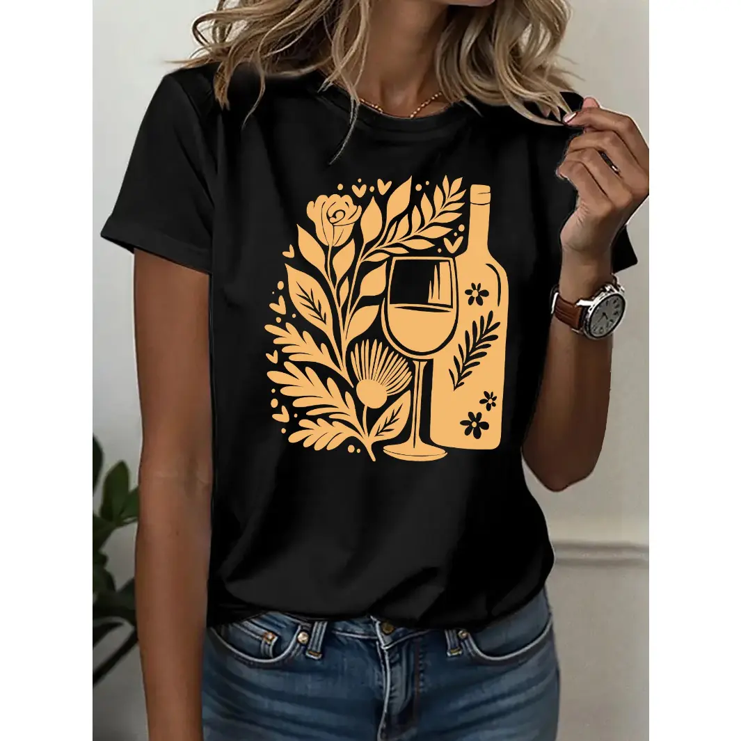 Women's Cotton Short-Sleeve Graphic Tee, Wine Lover Floral Bottle & Glass Print, Casual Summer Top for Brunch, Vacation, Shortsleeve