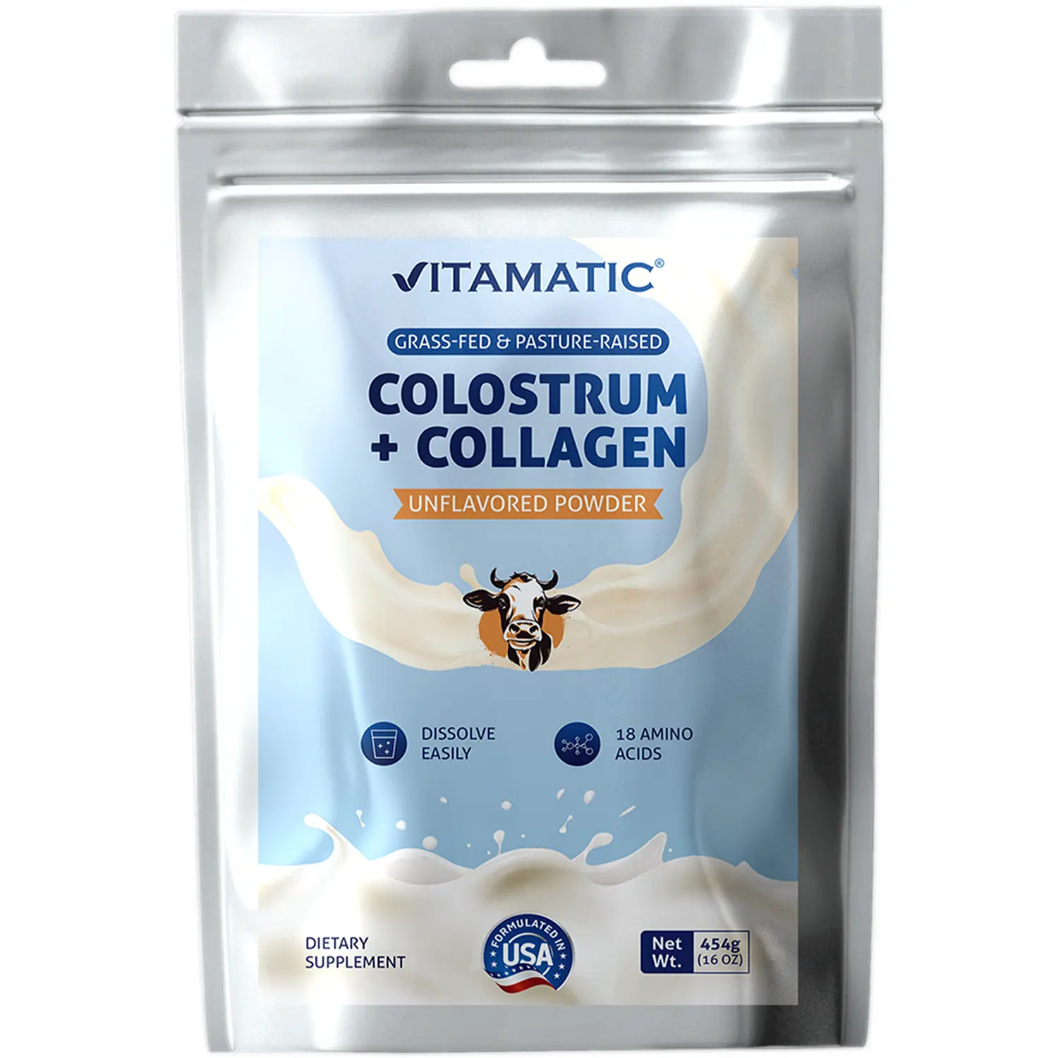Vitamatic Bovine Colostrum + Collagen Protein Powder Dietary Supplement for Adults - Gluten-Free, Unflavored, Easy-to-Mix, No Artificial Flavors/Preservatives, Gut Support, Immune Boost, Beauty Support, Functional Drink, 454g (16 oz)