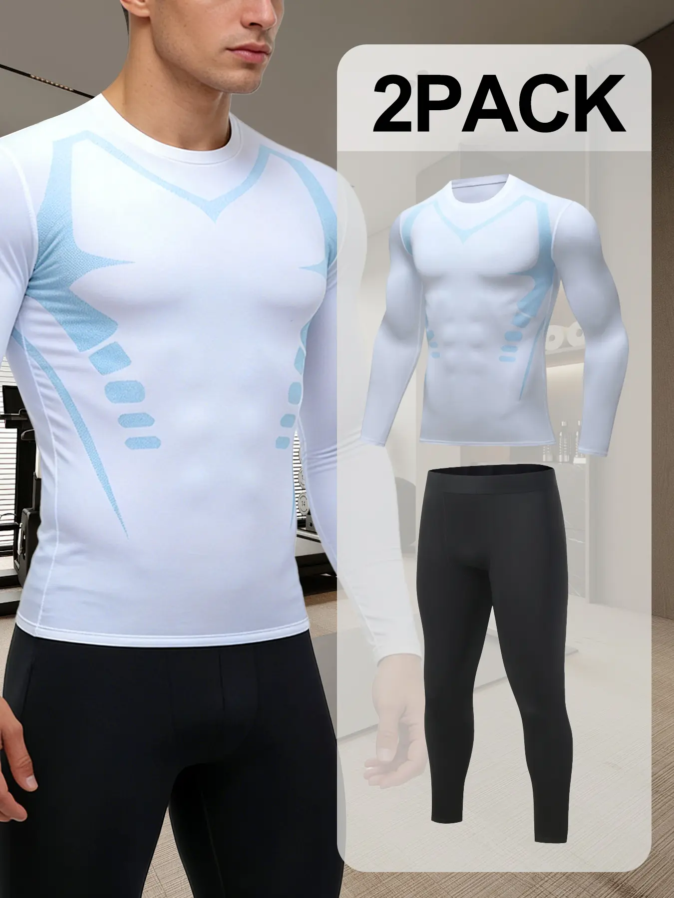 Men's 2-in-1 Compression Fitness Set - Graphic Print Long Sleeve Compression Top + Black High Elastic Leggings, Breathable Quick Dry Athletic Wear for Sports