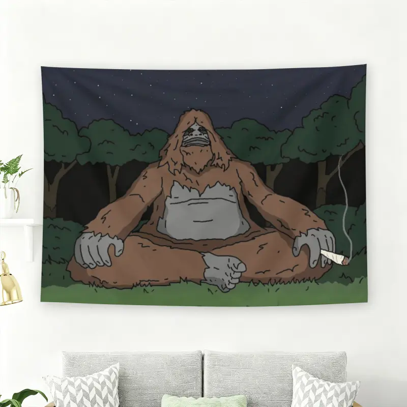 The Big Lez Show Sassy the Sasquatch Smoking Wall Flag, Cartoon Meme Tapestry Wall Hanging, Black Flash Style Funny Living Room Wall Decor, Decoration Items
