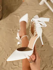 Women's Fashion High Heels Elegant Pointed Toe Hollow Pearl Bow Stiletto Thin Heel Party Summer Shoes, Stylish Evening Single Shoe Footwear Style