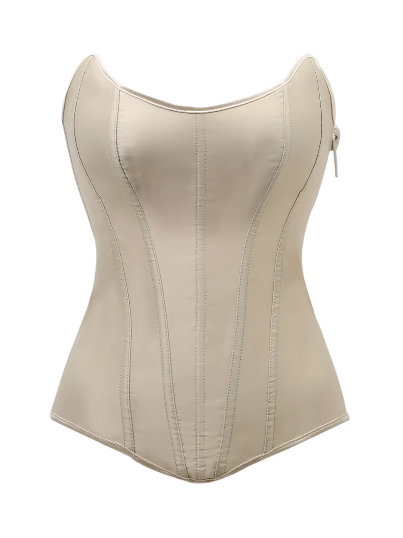 Women Champagne Satin Strapless Boned Corset Bustier Top, Side Zipper Lace-Up Back Hourglass Waist Shaper Tummy Control Party Shapewear