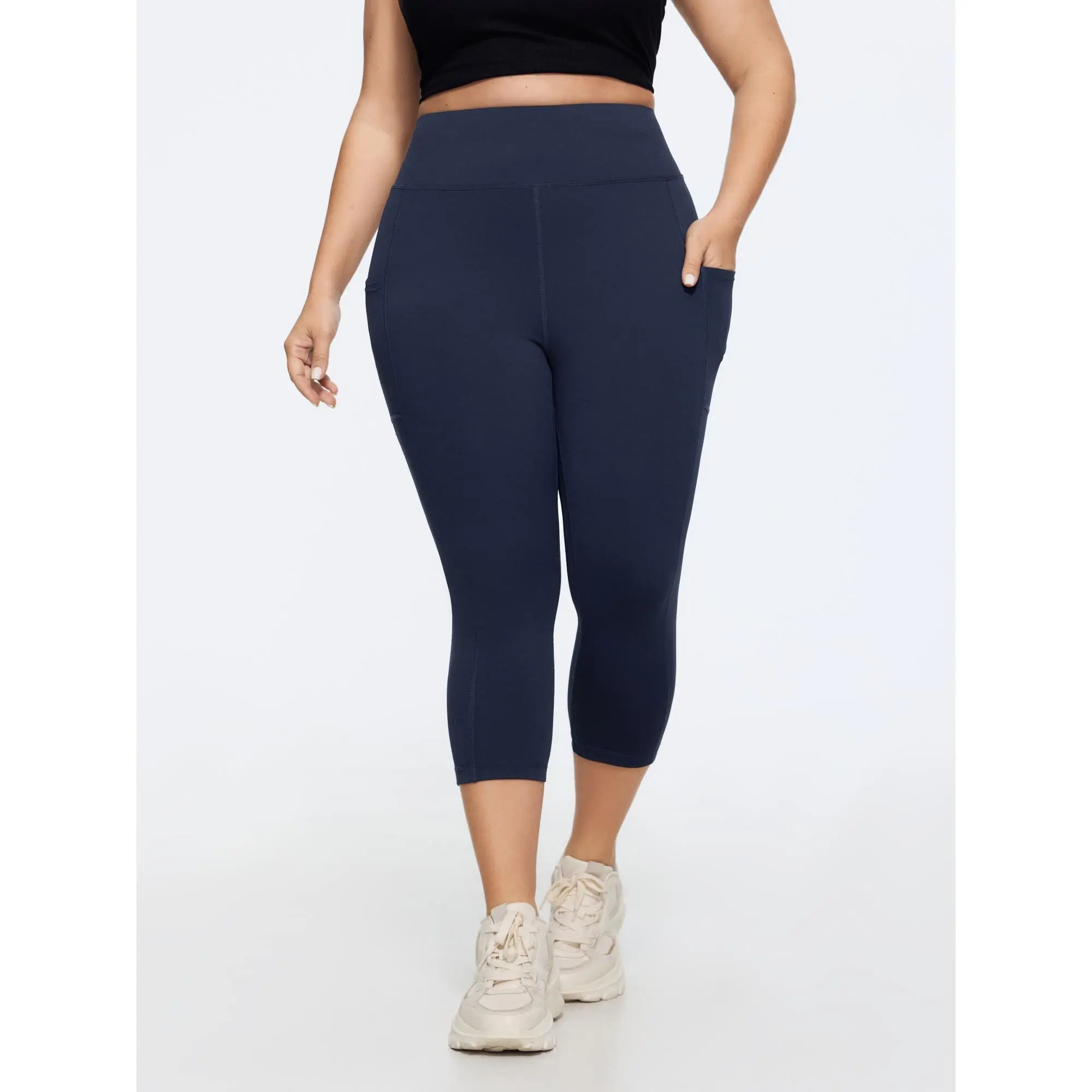 BloomChic Women's Plus Size Solid Textured Capri Leggings - Stretchy Polyester Blend Spandex Fabric, Mid Rise Waist, Side Pockets, Casual Bottoms, Leggings Women, Capri Length