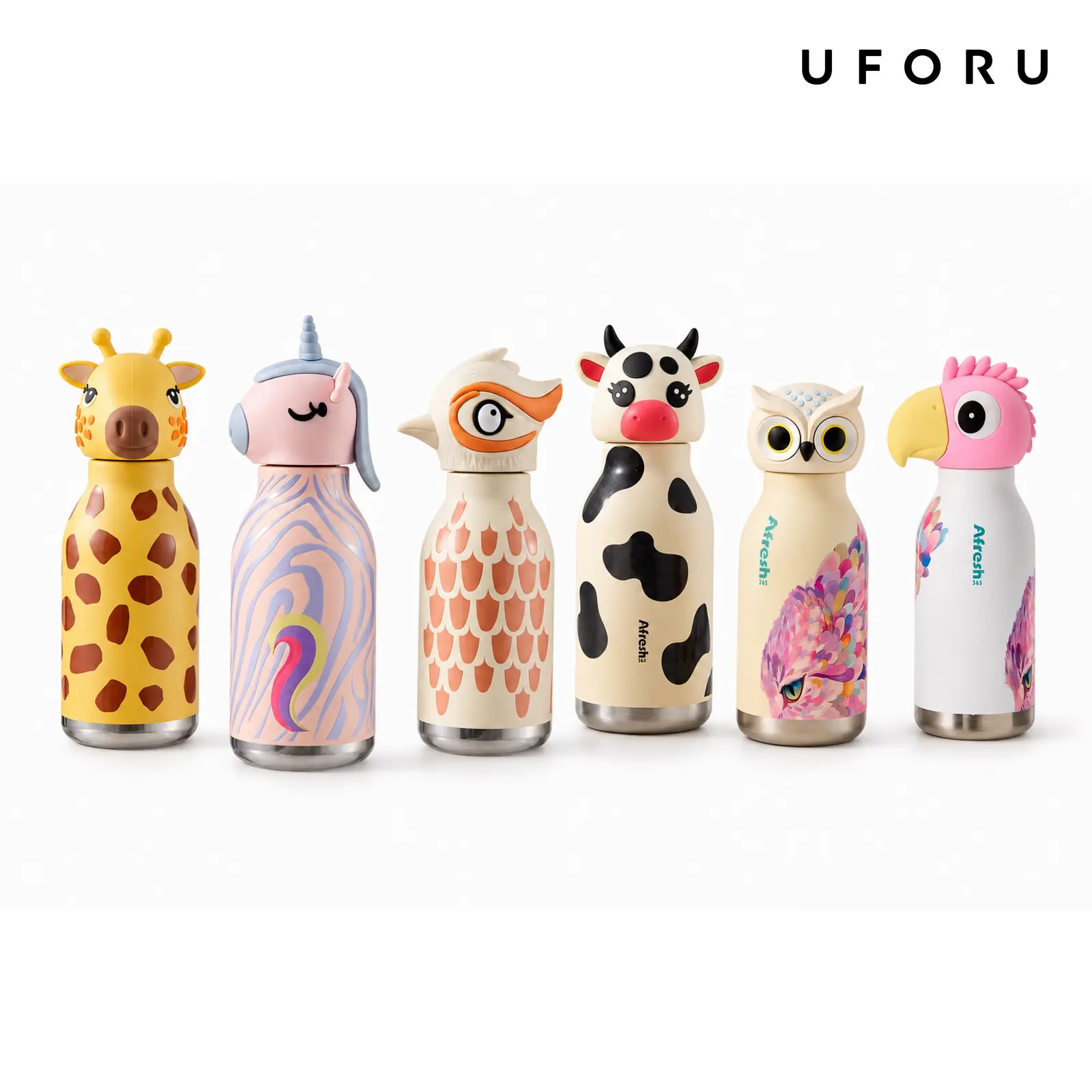 UFORU Kids Insulated Water Bottle with Straw, Leakproof 316 Stainless Steel Vacuum Bottle for School, Daycare and Travel, Cute Cow, Unicorn, Chick, Parrot, Owl or Giraffe Design, Back to School