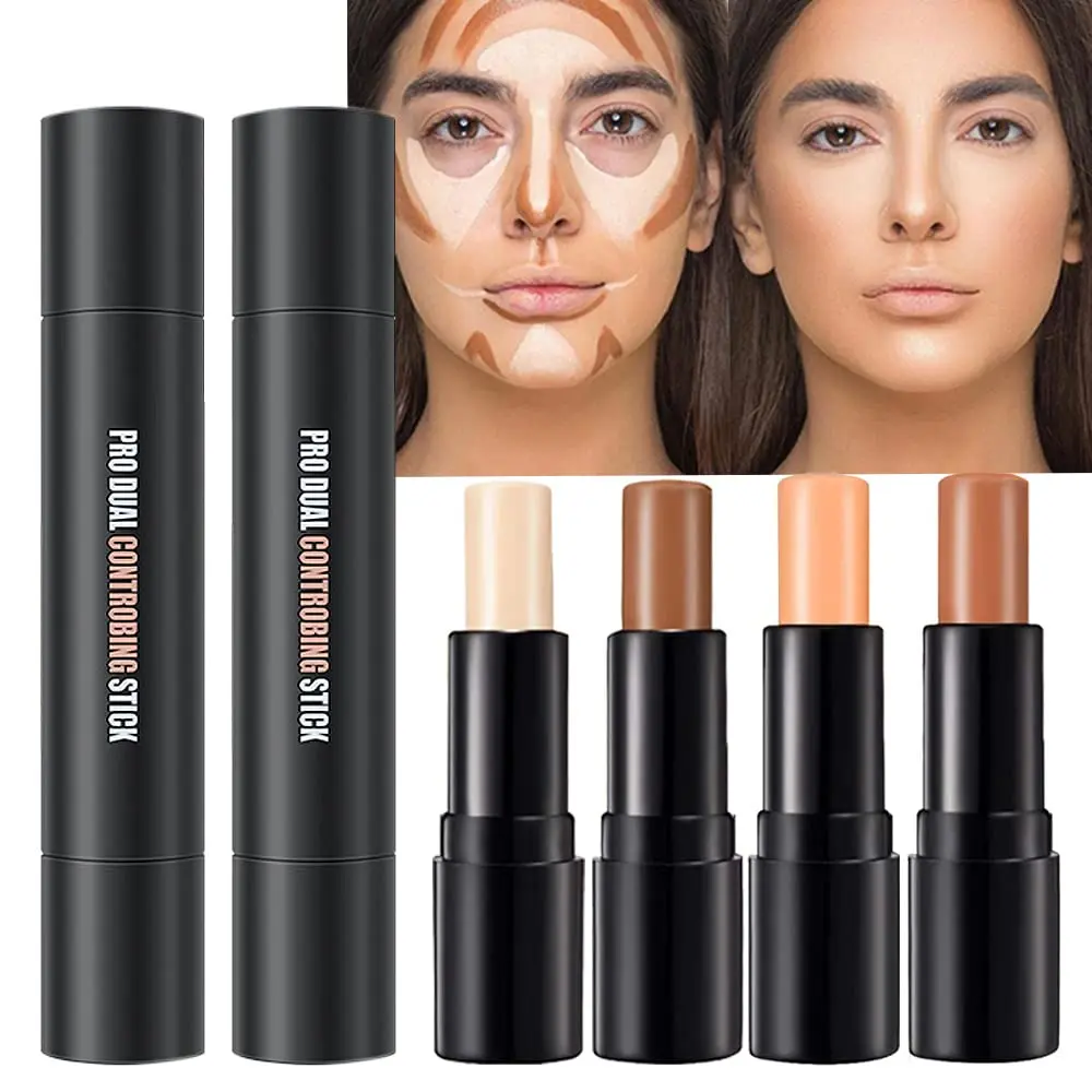 2 Colors Cream Contour Sticks Makeup Kit, Primer Face Highlighter Contouring for Beginners, Highlight and Contour Kit, Cream Concealer Makeup Blur Stick, Primer Face Corrector Long Lasting Shimmering Cosmetic