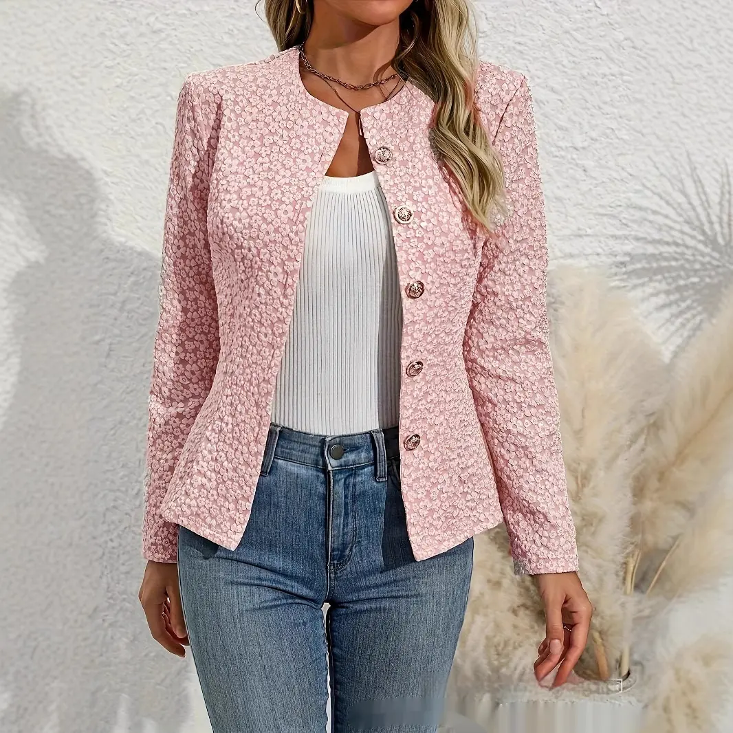 RAV Collection Women’s Pink Cropped Button Jacket – Collarless Dressy Blazer