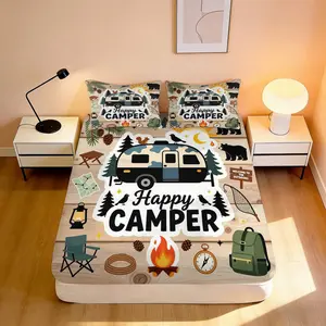3pcs Fitted Sheet Cozy Style, Happy Camper Theme Printed Bedding Set, Blue & Beige Color, Camping Trailer & Nature Print Pattern with Text, for Bedroom Decor(1 Fitted sheet+2 pillowcases, Without Core)
