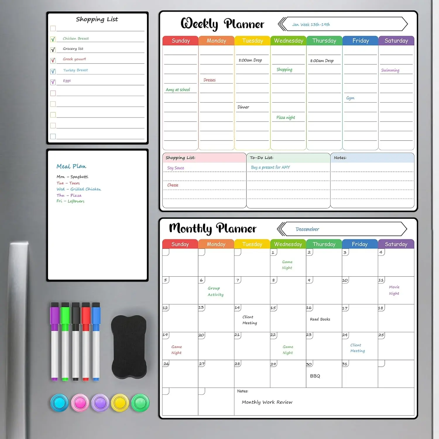 MaxGear 4-Pack Magnetic Refrigerator Organizer Whiteboard Set - 15x11.5 in Weekly Planner for Home, Full Magnetic Backing, Easy to Write On, 5 Markers, 1 Eraser, 5 Magnets, Office Stationery Accessories