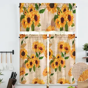 JIT 1PC/2PCS linen printed curtains, fresh pastoral style with warm-toned sunflower patterns, semi-transparent rod-pocket type, 195G fabric texture, suitable for kitchens and bedrooms, Home Decoration Curtain