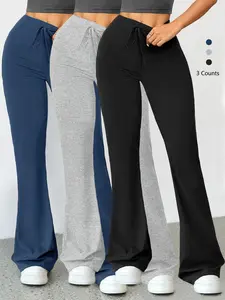 Women's Solid Drawstring High Waist Flare Leg Sports Leggings, Casual Comfy Breathable Bell Bottom Trousers for Yoga Gym Workout Running, Ladies Sportswear for Fall & Winter