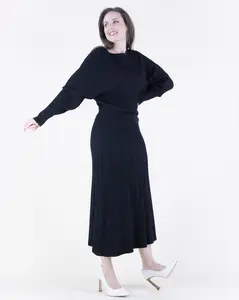 Two-Piece Set Miss Honey Set Neutral Boat Neck Drop Shoulder Ribbed Sweater & Midi Skirt Black Minimalist