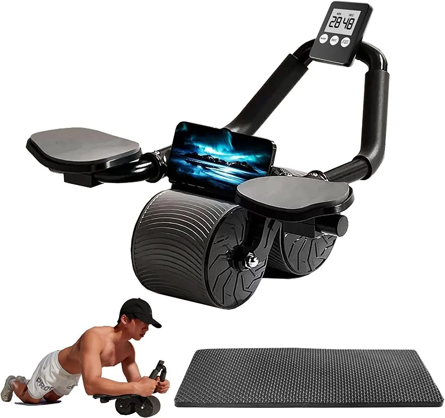 Automatic Rebound Ab Roller Wheel with Elbow Support - Tummy Exercise Equipment, At Home Gym Core & Full Body Workout Gear, Unisex Fitness Tool with Digital Timer, Ideal Gift for Gym Lovers, At Home Gym Equipment