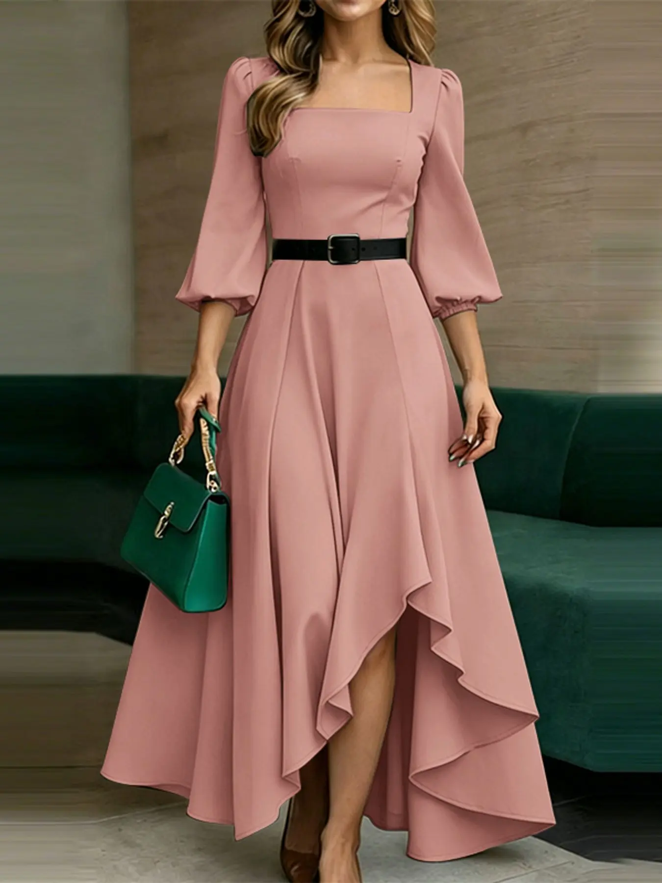 ZANZEA Women's Solid Color Square Neck 3/4 Sleeve Long Dress, Casual Classy Dress, X-Shape Front Short Back Long, Casual Elegant Chic European Style, No Belt Included