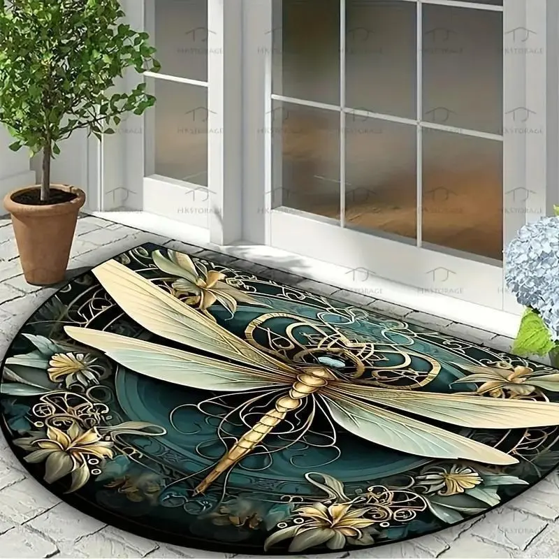 2D Sunflower Dragonfly Welcome Mat Semicircular Half Round Door Mat Outdoor Indoor Non Slip Durable Entrance Rug for Kitchen Bedroom Bathroom