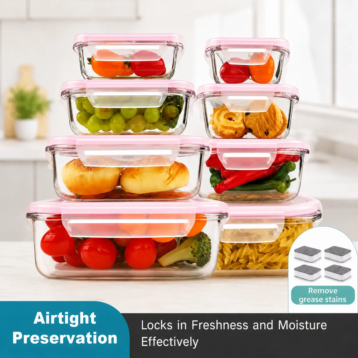 Premium Borosilicate pink Food Storage Containers 8 Pack Stackable Square Design with Airtight Lids Green Rectangle Safe for Oven Microwave Freezer High Temperature Durable Kitchen Utensils#Summervibes