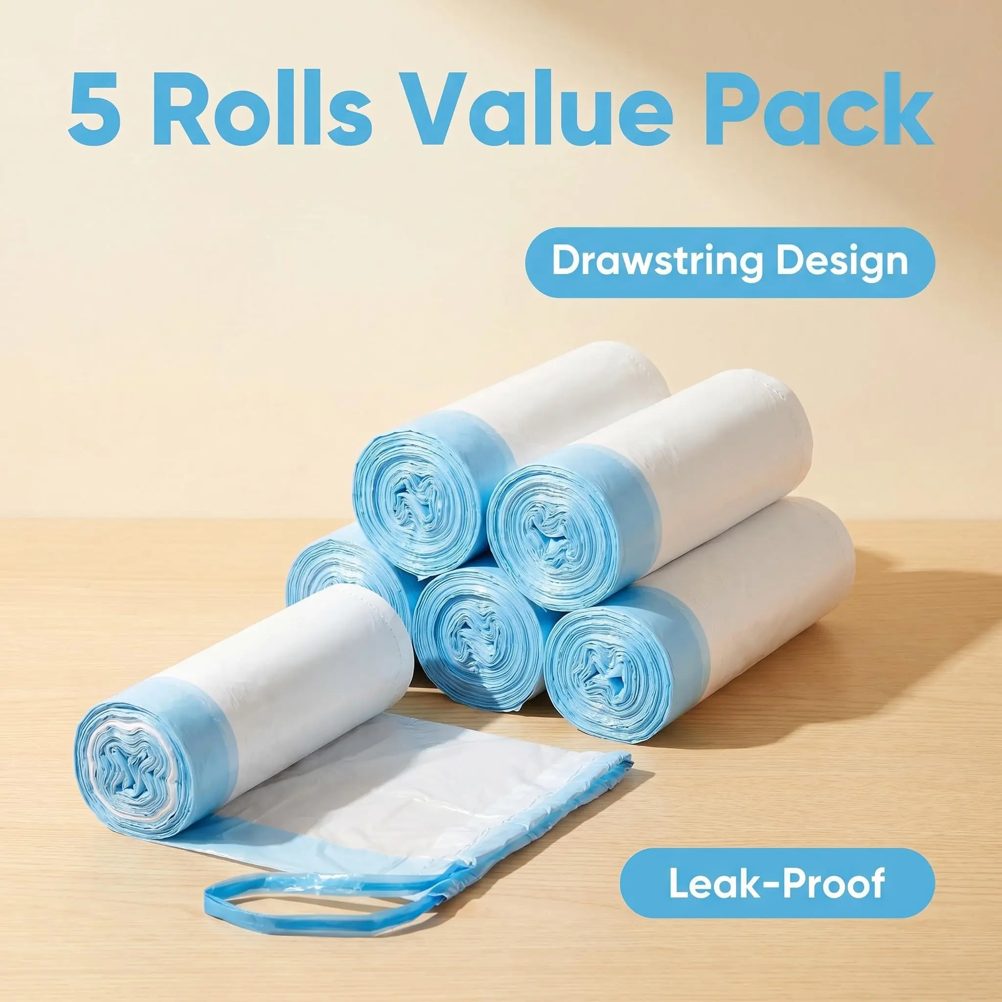 Plastic Drawstring Household Bin Bags Set, Standard Version, 5 Rolls/Pack, 9 Bags/Roll, Tear-Resistant, Leak-Proof, Easy Tying & Carrying, Hands-Clean Design, 30L–40L for Kitchen, Bathroom Use