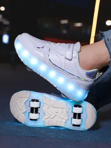 Teenage Girls' Wheel Shoes, Four-Wheel Roller Skates, Medium-Large Size Girl Small Four Wheels, LED Rechargeable Glowing Shoes, Street Style