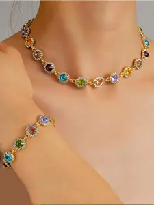 Women's Elegant Fashion Artificial Zircon Decorated Adjustable Strap Necklace & Bracelet, Fashion Jewelry for Party, Daily Clothing Decor, Trendy All-match & Exquisite Jewelry for Birthday Gift, Zirconia Jewelry Set