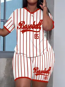 Women's Casual V Neck Short Two-Piece Set, Striped Baseball Style Summer, Fitted Regular Length Tops, Moderate Fabric, Stretchy Outfit Sets