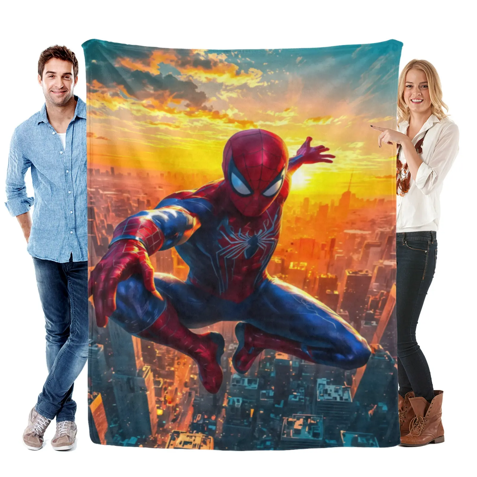 [SummerVibes] Marvel Spider-Man Sunset Skyscraper Flannel Blanket - Super Soft Flannel, Lightweight, Bold Hero Graphic, Perfect for Bed, Sofa, Teen Gaming Room Decor