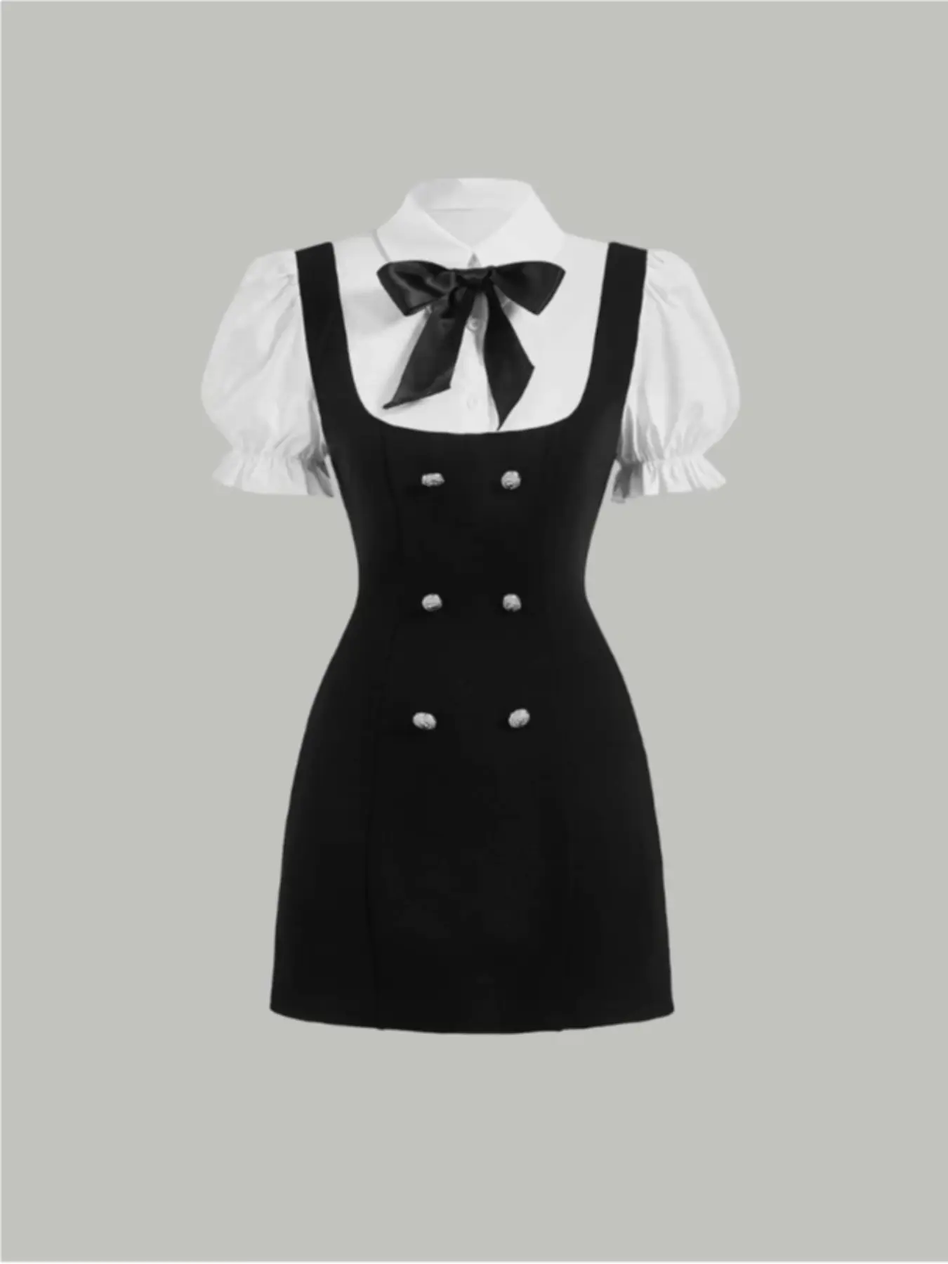 Sweet Cute Two-In-One Knit Summer Button Collared Dress with Lion Head Buckles, Button, Detachable Bow, Preppy Style, Elegant, Chic, Fashionable and Versatile for School and Youth, Casual Wear, Fitted Womenswear